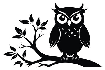 Striking Black Owl Silhouette on Branch with Leaves Detailed, Wildlife