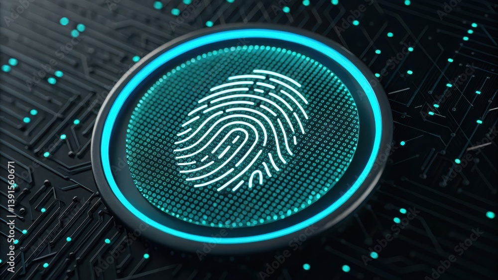 Poster floating fingerprint icon constructed from encrypted code on circuit background for security concept