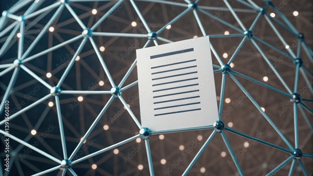 Poster privacy document floating inside digital biosphere on string representing information security conce