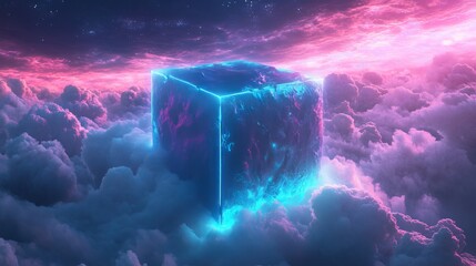 Glowing cube floating amidst fluffy clouds under a pink and purple sky with stars above it all