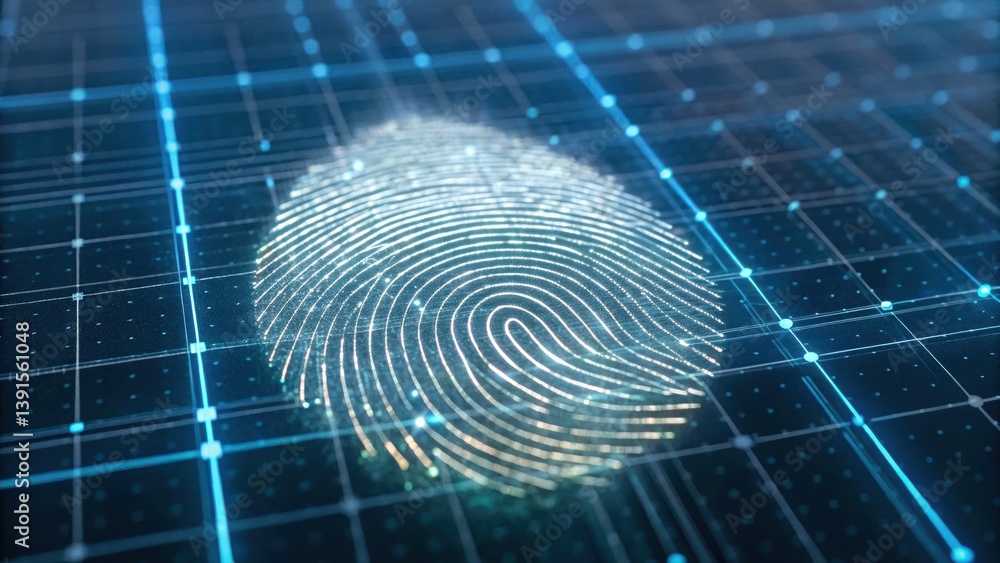 Poster futuristic fingerprint blended with pixelated data representing digital security and identity protec