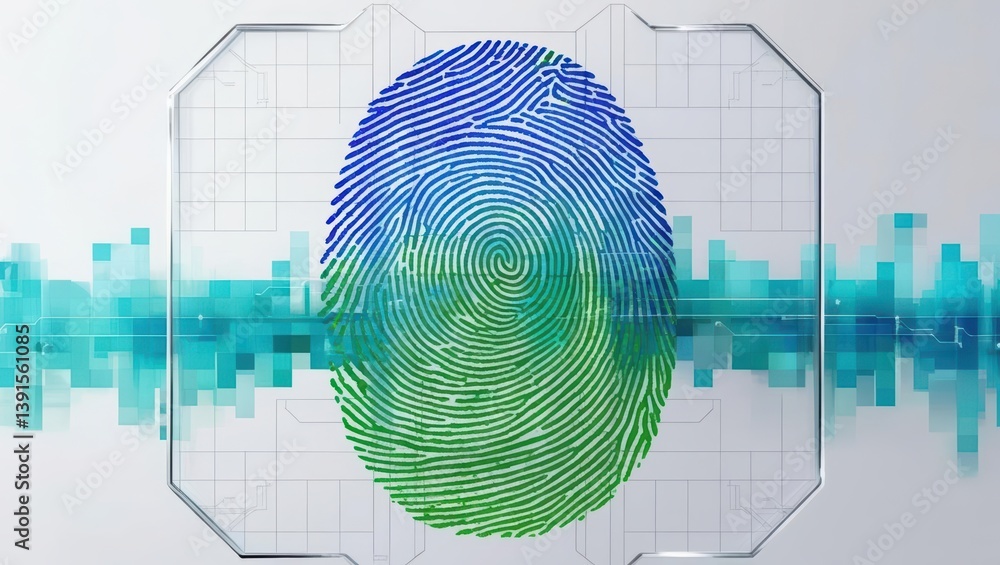 Poster futuristic fingerprint blending with pixelated data streams and translucent privacy shield design