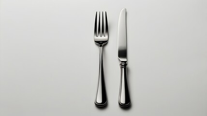 A silver fork and knife crossed on a pure white background, high-resolution, studio lighting