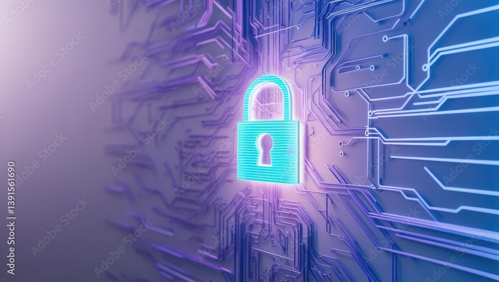 Aufkleber glowing abstract digital padlock icon hovering on wall surrounded by intricate network of light line