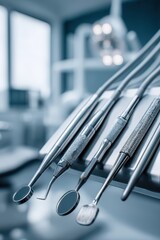 Focused view of dental instruments meticulously placed near a patient's head during a procedure within a pristine dental office - hygiene chair mouth medical teeth