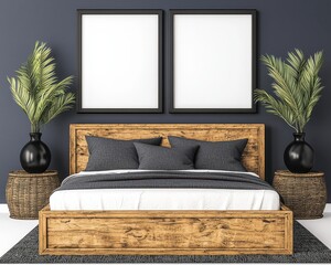 Dark Gray Bedroom Interior with Wooden Bed and Blank Frames
