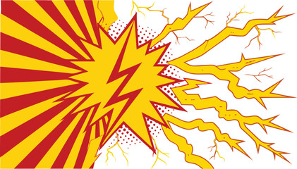 Comic Book Explosion, Yellow Red Sunburst, Lightning Bolts, Power