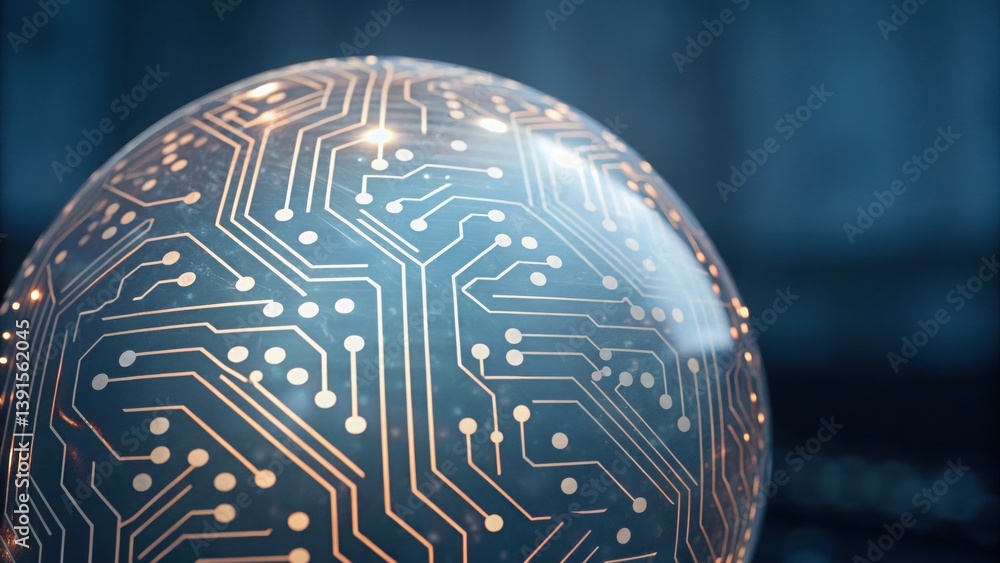 Poster glowing circuit pathways forming abstract shapes on sphere representing modern technology and design