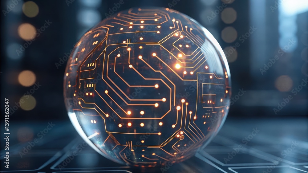 Poster glowing circuit pathways on computer board forming abstract shapes with illuminated sphere in center