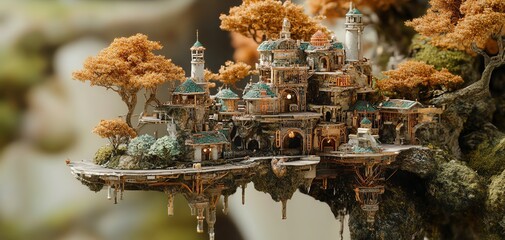 Enchanted miniature castle nestled in a lush, mossy landscape. Illuminated windows and intricate details create a magical fairytale scene.