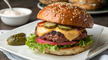 Classic Burger: Juicy with All the Fixings.Delicious, close-up view of a classic burger, perfect for food-related designs and culinary promotions.