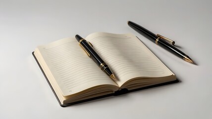 Open blank notebook with pen on top, pure white background, soft shadow, mockup style