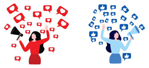 Woman  Blogger surrounded with social media heart and  likes icons. Concept of influencer marketing  social media promotion services. Flat vector illustration.