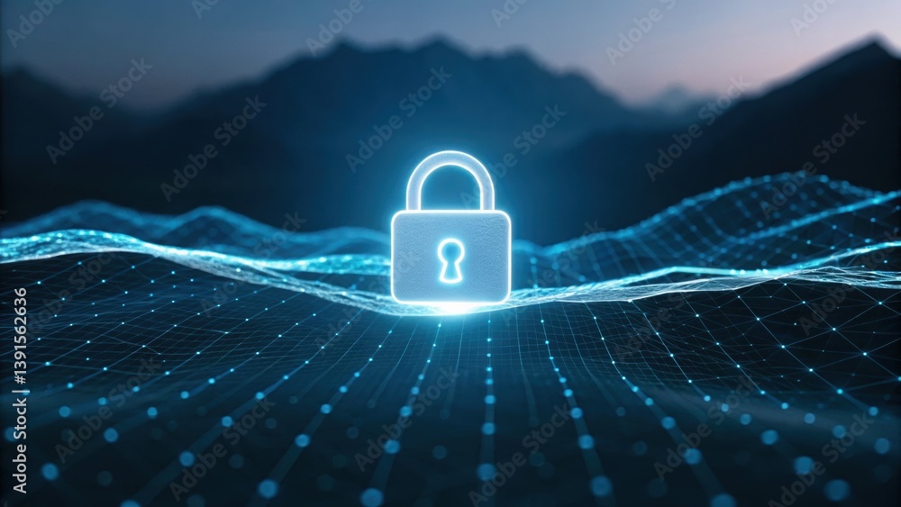 Poster padlock hovering over a dark background representing digital security with glowing icon and elements