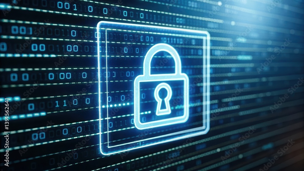 Poster padlock on a computer screen with glowing id card icon overlay signifying digital security and safet