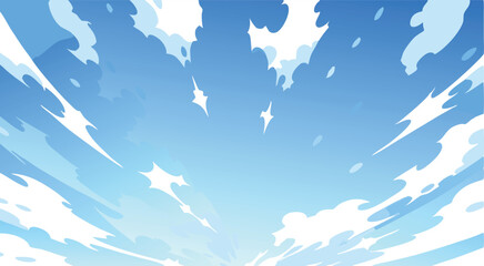 Stylized Sky Background Blue Clouds, White Puffs, Bright Stars