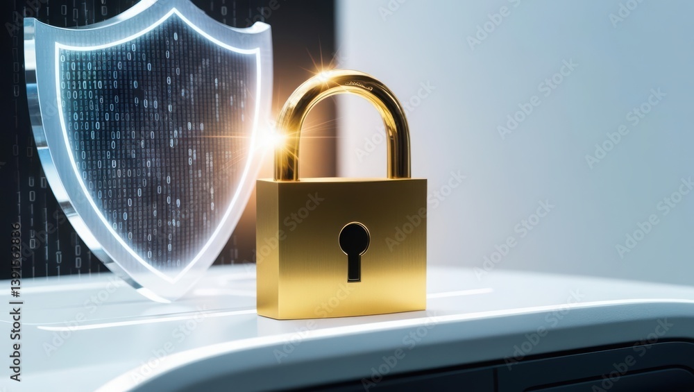 Poster golden padlock icon glowing on a clean white tech dashboard with binary code and digital shield