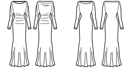 Women column dress design flat sketch fashion illustration with front and back view, long sleeve boat neck mermaid dress drawing vector template