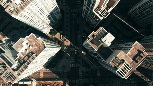Aerial top down view of traffic and residential buildings in Busan, South Korea in the morning