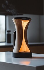 Modern minimalist wooden hourglass lamp.  Warm light illuminates the sleek design, perfect for contemporary interiors. Stylish home decor.