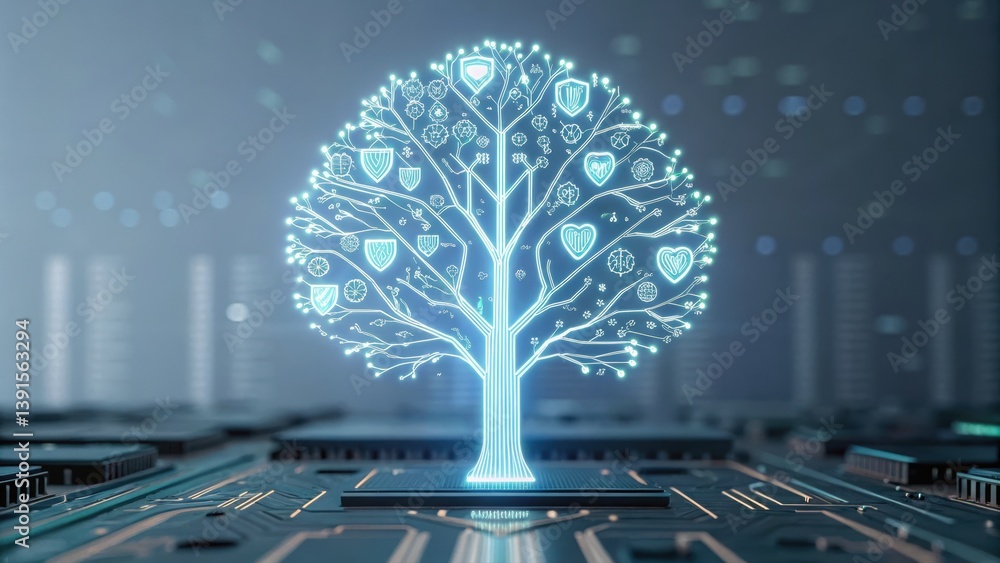 Poster holographic tree made of glowing data streams featuring many different symbols representing technolo