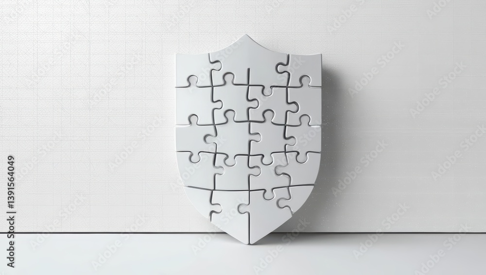Poster interlocking puzzle pieces forming a shield against a minimalist white background with digital patte