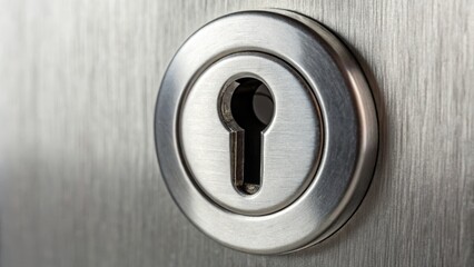 Intricate polished chrome keyhole with a soft glow illuminating the surrounding area
