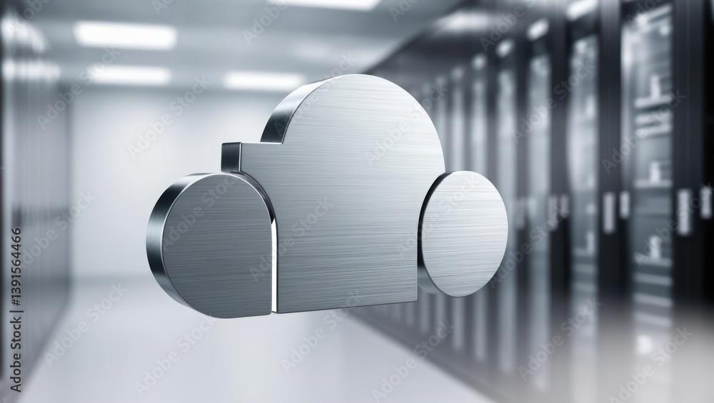 Poster secure cloud icon made of interlocking brushed metal segments floating against a soft background