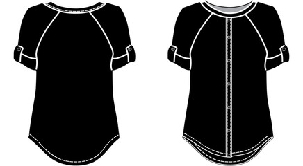 Women's Shirt Blouse flat sketch fashion illustration drawing front and back view, Long sleeve Curved hem button open blouse shirt for girls and ladies vector template mock up