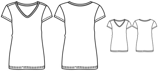Women's Short sleeve V neck T Shirt flat sketch fashion illustration drawing template mock up with front and back view