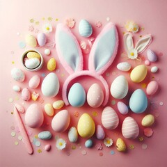 A pink vector illustration shows a chocolate Easter bunny with eggs, a spring holiday celebration