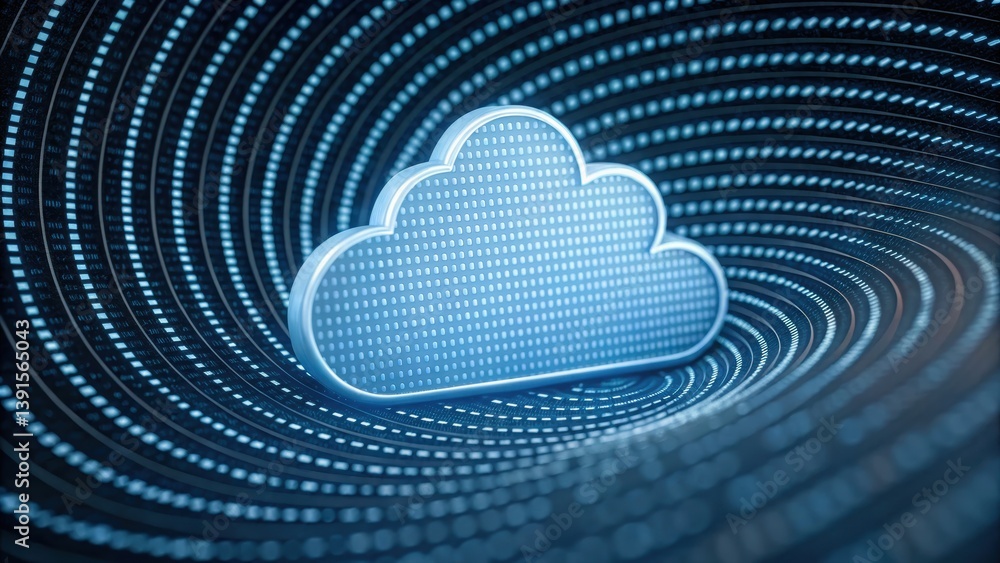 Poster cloud surrounded by binary code in a tunnel symbolizing cyber connectivity and digital innovation