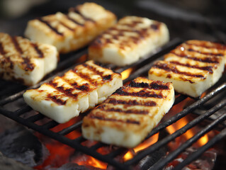  grilled halloumi cheese on grill,