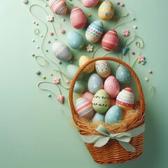 Easter Egg Bonanza: An artistic composition of colorful, patterned Easter eggs overflowing from a rustic basket, adorned with decorative elements on a serene pastel backdrop.