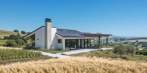 Tilted angle view of minimalist luxury home, surrounded by serene rural landscapes, elegant simplicity, tranquil colors, modern design elements