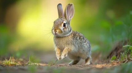 Fototapeta premium A small rabbit is depicted running near greenery and sunlight
