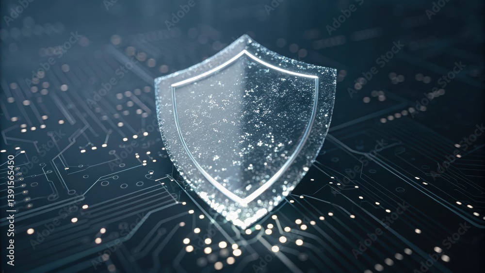 Poster stylized crystalline shield on a circuit board deflecting abstract digital elements representing sec