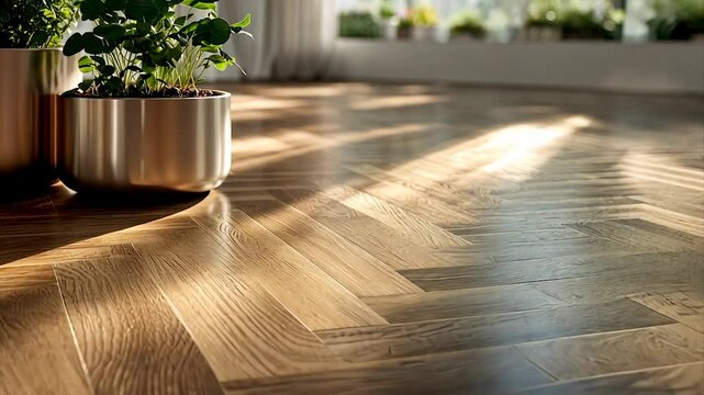 Sunlit herringbone hardwood floor with potted plants