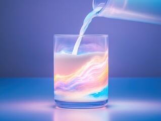 Psychedelic milk carton with vibrant neon patterns pouring into a glass