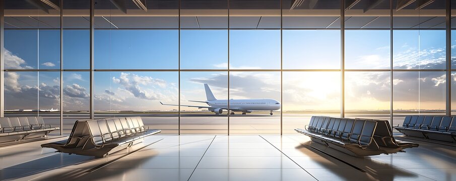 Airport interior with seating and large windows overlooking an airplane on the tarmac.