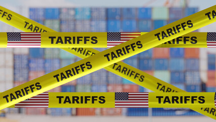 Tariffs text and US flag on yellow tape. Import tariff increase, Trade war concept