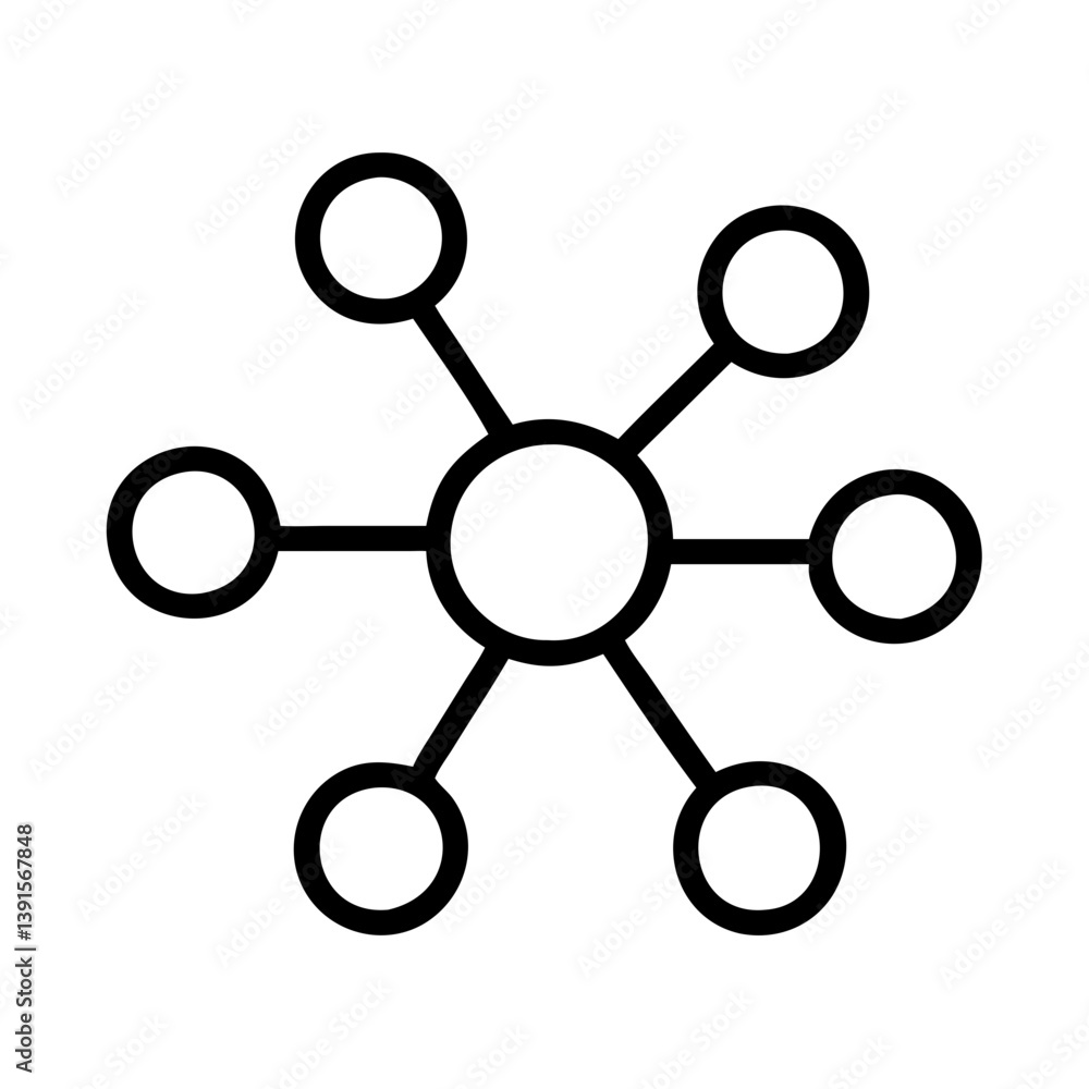 Aufkleber network connection diagram with central node and connected nodes for data communication and structur
