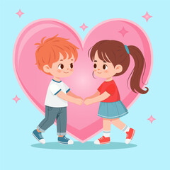 A boy and a girl hold hands against the background of a heart symbolizing friendship and affection. Vector illustration. Banner, postcard, Valentine card