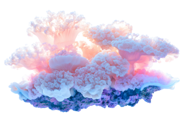 Soft pastel coral reef with pink and blue corals isolated on transparent background