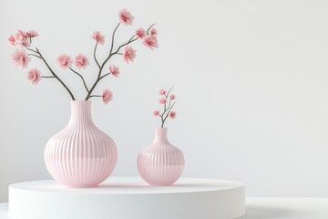 Elegant pink vases with cherry blossoms