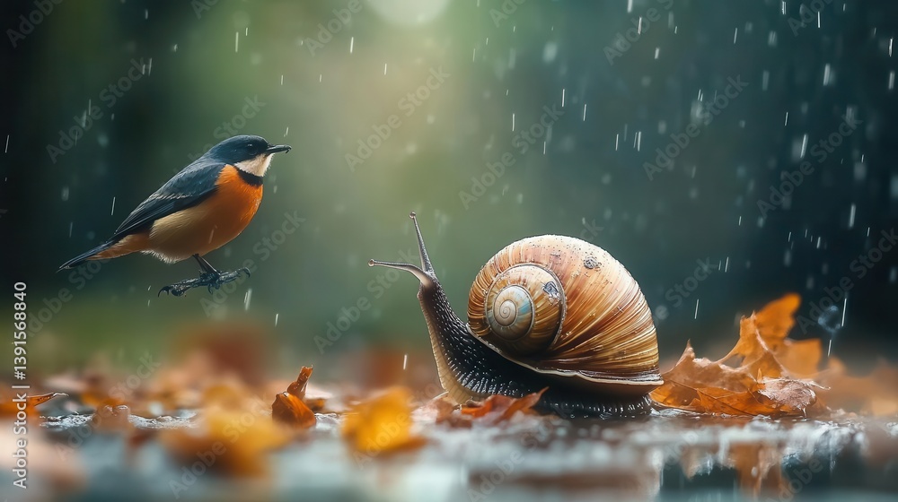Poster a small bird and snail encountering each other in the rain
