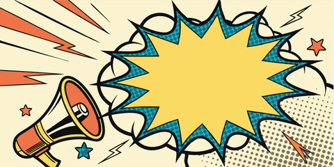 Retro Pop Art Megaphone Announcement with Speech Bubble