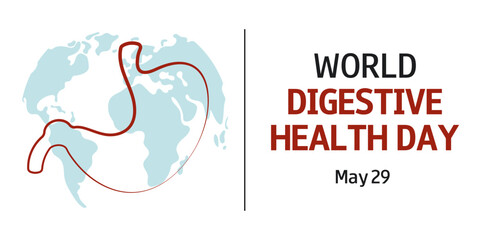World Digestive Health day conceptual  background, poster, banner. May 29. Vector illustration of stomach, world map silhouette and text. © YevgeniyaKoln