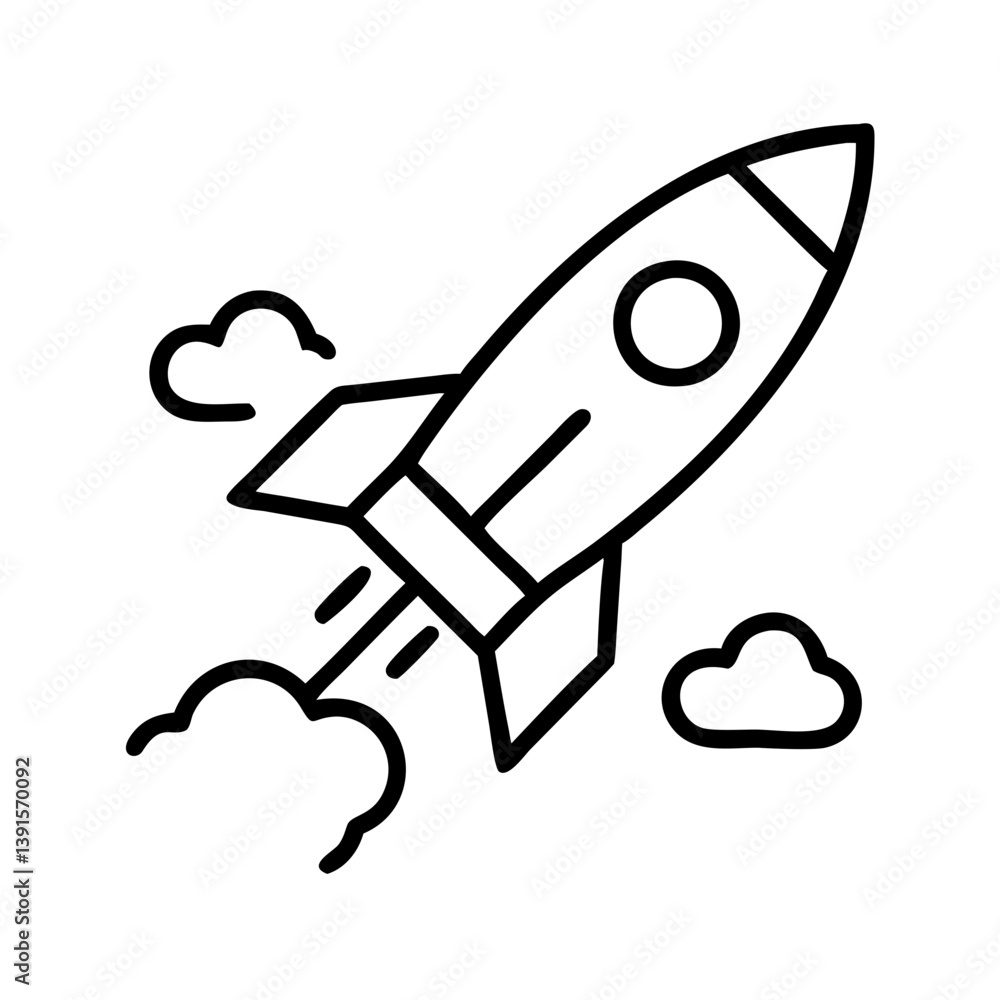 Poster rocket ship launch vector illustration in outline style for space exploration and technology concept