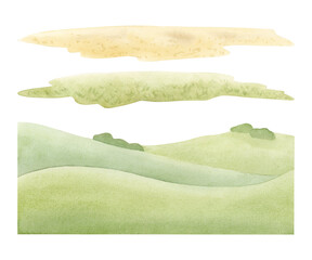Watercolor green hills, fields, grass and sand grounds design illustration kit. Minimalist rural landscape backgrounds for summer farm and countryside designs. Horizontal meadows panoramic clipart
